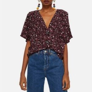 Top Shop Animal Print Cropped Blouse Top